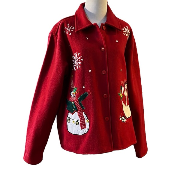 VINTAGE TAKE TWO WOOL BLEND APPLIQUÉD SNOWMEN JACKET RED MULTI SIZE XL - Picture 1 of 13